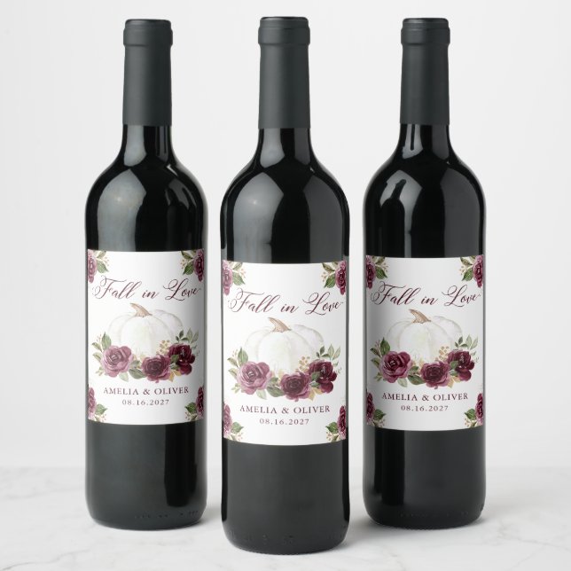 Étiquette Pour Bouteilles De Vin Floral Bourgogne Citrouille Chute en Amour Mariage (Bouteilles)