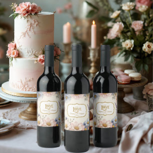 Étiquette Pour Bouteilles De Vin Floral Elegant Vintage rose bleu n or Aquarelle