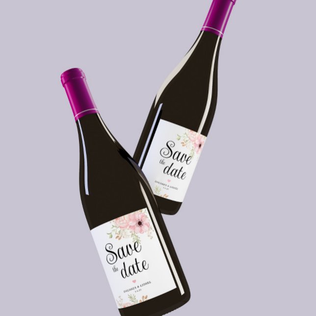 Étiquette Pour Bouteilles De Vin Floral rose Enregistrer la date Étiquette de vin (Créateur téléchargé)
