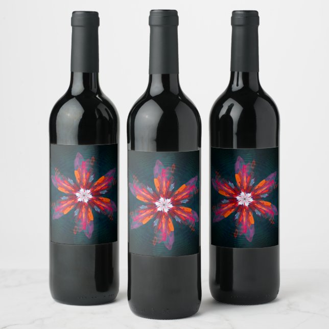 Étiquette Pour Bouteilles De Vin Flore Mandala Flowers Orange Red Blue Abstract (Bouteilles)