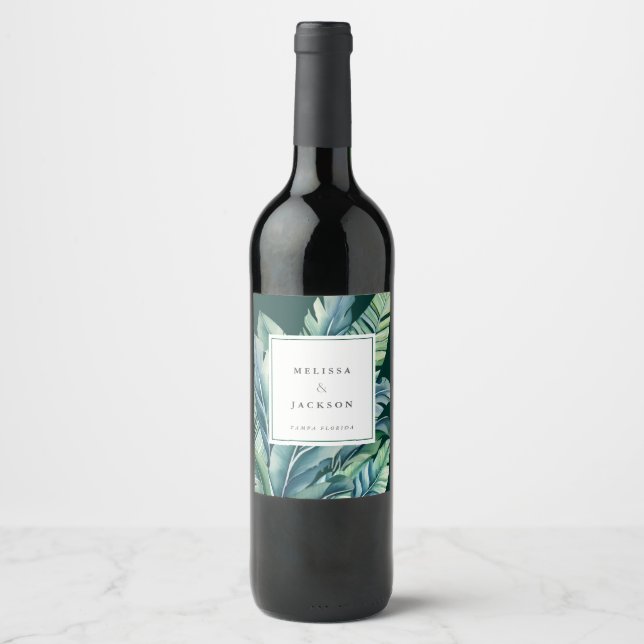 Étiquette Pour Bouteilles De Vin Foliage exotique Feuille sauvage et tropicale Vert (Devant)