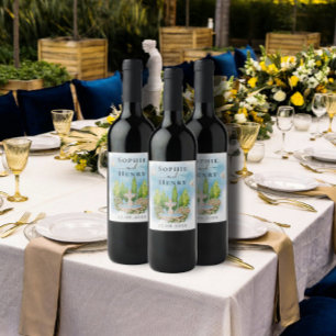 Étiquette Pour Bouteilles De Vin Fontaine Élégante   Fleurs Colombes Mariage Luxe