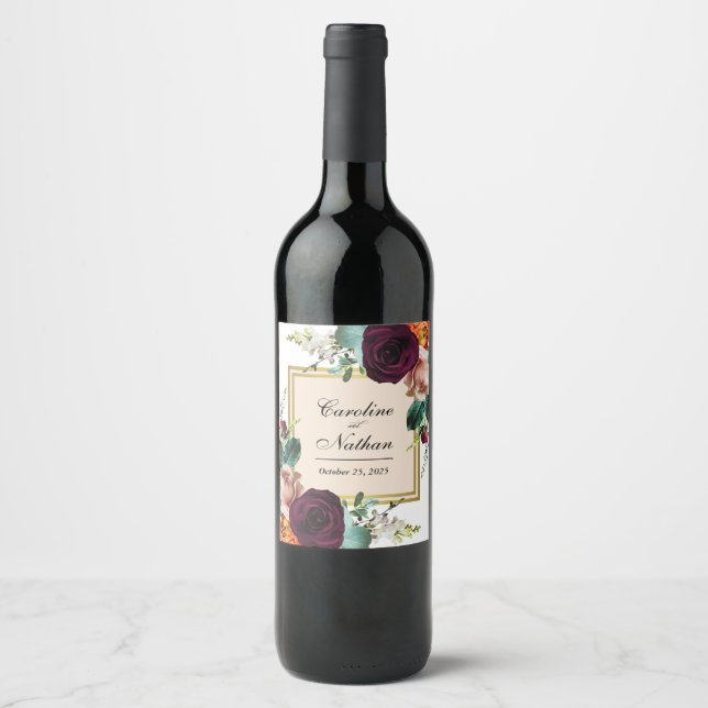 Étiquette Pour Bouteilles De Vin Fraîchement Automne Rustique Élégant Mariage Flora (Devant)
