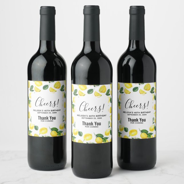 Étiquette Pour Bouteilles De Vin Fruit Motif d'aquarelle aux citrons jaunes Anniver (Bouteilles)