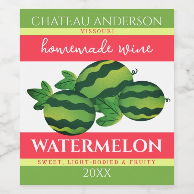 Étiquette Pour Bouteilles De Vin Fruits de pastèque vin fait maison personnalisé (Étiquettes simples)