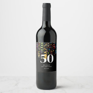 Étiquette Pour Bouteilles De Vin Fun Colorful Confetti Ribbon Noir 50 Anniversaire