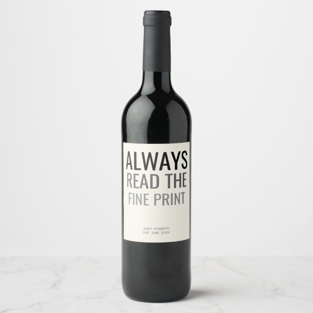 Étiquette Pour Bouteilles De Vin Fun Fine Print Baby Reveal Pregnancy Announcement  (Devant)