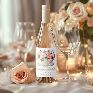 Étiquette Pour Bouteilles De Vin Gâteau d'anniversaire personnalisé Floral Féminin