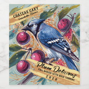 Étiquette Pour Bouteilles De Vin Geai bleu oiseaux prunes arbre artistique fait mai