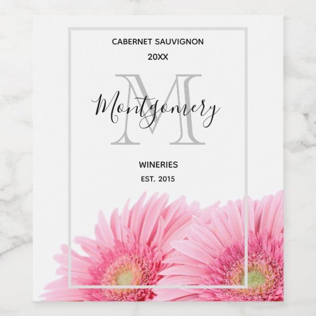 Étiquette Pour Bouteilles De Vin Gerbera Rose Daisies Élégante Photo vinification (Étiquettes simples)