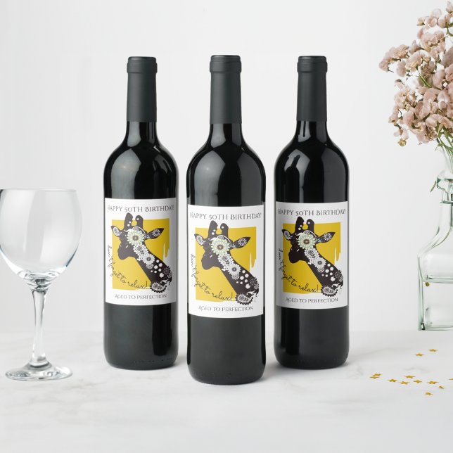 Étiquette Pour Bouteilles De Vin Girafe Anniversaire Funky Jaune Cool (Créateur téléchargé)