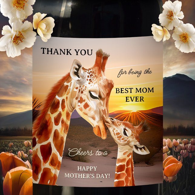 Étiquette Pour Bouteilles De Vin Giraffes adorables Fête des Mères (Wine label featuring a young giraffe kissing and thanking Mom for being so wonderful - Mother's Day)
