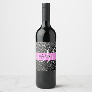 Étiquette Pour Bouteilles De Vin Glam Chic Rose Noir Paillettes Brillantes Monogram