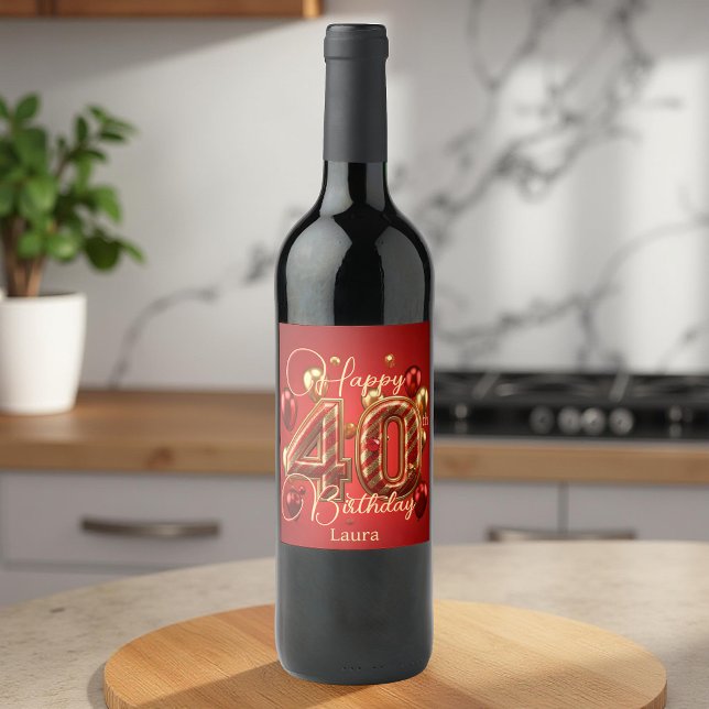 Étiquette Pour Bouteilles De Vin Glam de luxe Rouge et or 40e anniversaire Célébrat (Créateur téléchargé)