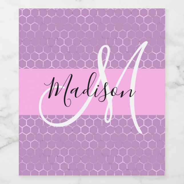 Étiquette Pour Bouteilles De Vin Glam Lilac Metallic rose Honeycomb Nom (Étiquettes simples)