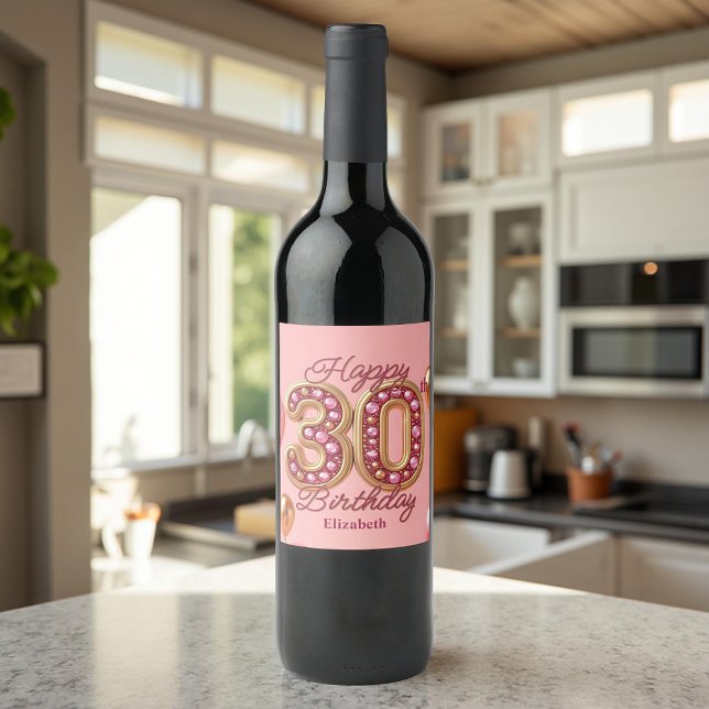 Étiquette Pour Bouteilles De Vin Glam Pink et Gold Gemstone 30e anniversaire (Créateur téléchargé)
