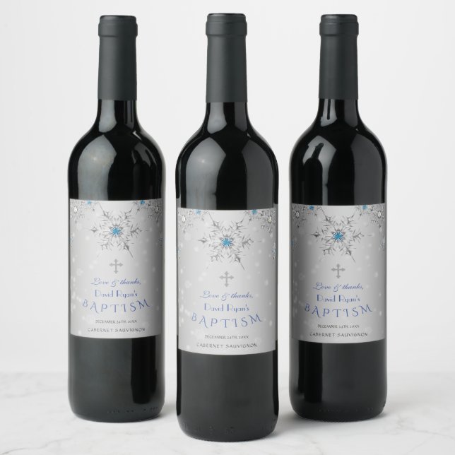 Étiquette Pour Bouteilles De Vin Glam Silver Snowflakes Crystal Blue Pearls Baptême (Bouteilles)
