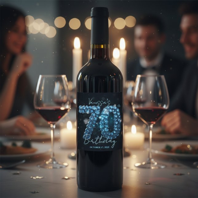 Étiquette Pour Bouteilles De Vin Glamorous Blue Sapphire Gem 70th Birthday (Créateur téléchargé)