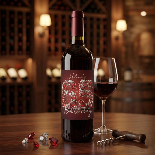 Étiquette Pour Bouteilles De Vin Glamorous Elegant Ruby Red Diamonds 65th Birthday (Créateur téléchargé)