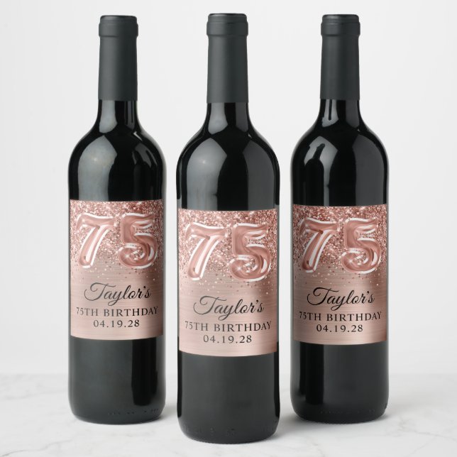 Étiquette Pour Bouteilles De Vin Glittery Rose Gold Foil Numéro 75 Anniversaire (Bouteilles)