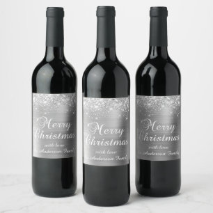 Étiquette Pour Bouteilles De Vin Glittery Silver Foil Joyeux Noël