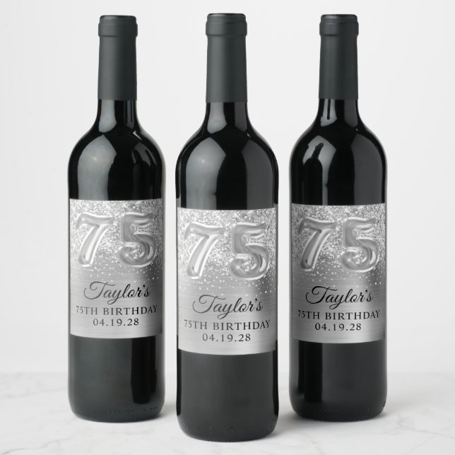Étiquette Pour Bouteilles De Vin Glittery Silver Foil Numéro 75 Anniversaire (Bouteilles)