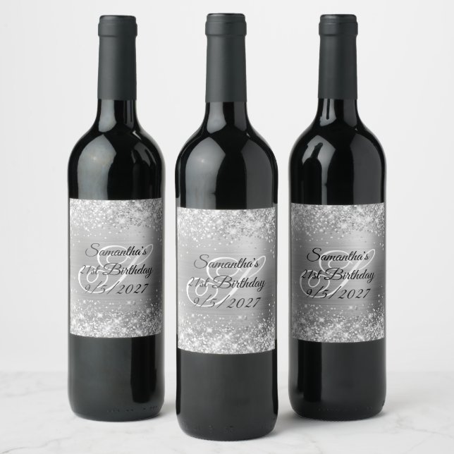 Étiquette Pour Bouteilles De Vin Glittery Silver Glam Monogramme 21e anniversaire (Bouteilles)