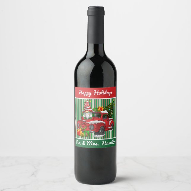 Étiquette Pour Bouteilles De Vin Gnome de Noël à rayures vertes (Devant)
