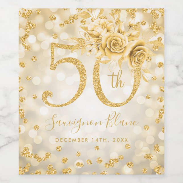 Étiquette Pour Bouteilles De Vin Gold 50th Birthday Floral Glam Lights (Étiquettes simples)
