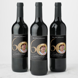 Étiquette Pour Bouteilles De Vin Gold Black 60th Birthday Elegant Calligraphy Photo