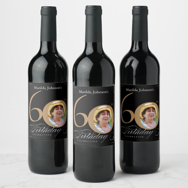 Étiquette Pour Bouteilles De Vin Gold Black 60th Birthday Elegant Calligraphy Photo (Bouteilles)