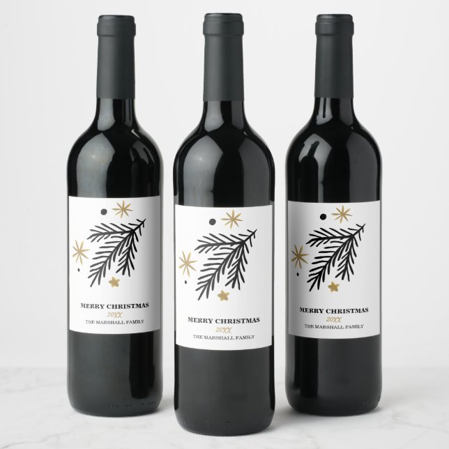 Étiquette Pour Bouteilles De Vin Gold Black branche de pin doodé Noël (Bouteilles)