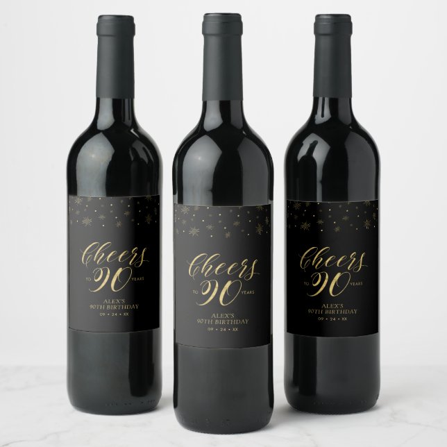 Étiquette Pour Bouteilles De Vin Gold & Black Cheers 90 ans, 90e anniversaire (Bouteilles)