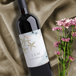 ÉTIQUETTE POUR BOUTEILLES DE VIN GOLD DUSKY BLUE BEACHING STARFISH MONOGRAM MARIAGE