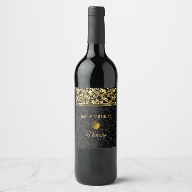 Étiquette Pour Bouteilles De Vin Gold et Black Damask (Devant)
