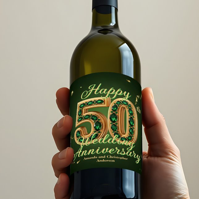 Étiquette Pour Bouteilles De Vin Gold et Emerald Green 50e anniversaire de Mariage (Créateur téléchargé)