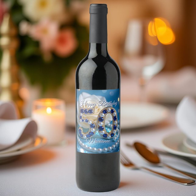 Étiquette Pour Bouteilles De Vin Gold et Sapphire Gemstone 50e anniversaire (Créateur téléchargé)