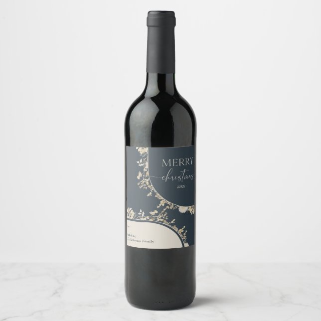 Étiquette Pour Bouteilles De Vin Gold Floral Wreath Blue Christmas (Devant)