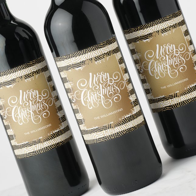 Étiquette Pour Bouteilles De Vin Gold Joyeux Noël noir blanc rayures (Créateur téléchargé)
