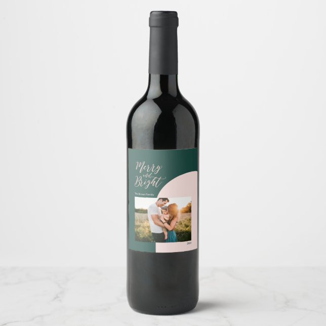 Étiquette Pour Bouteilles De Vin Gold Rose vert Joyeux et Joyeux Noël (Devant)