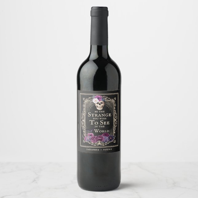 Étiquette Pour Bouteilles De Vin Gothique Floral Crâne Personnaliser Nom Halloween (Devant)