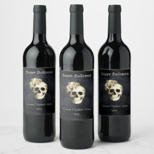 Étiquette Pour Bouteilles De Vin Gothique Halloween Crâne Roses blanches Personnali