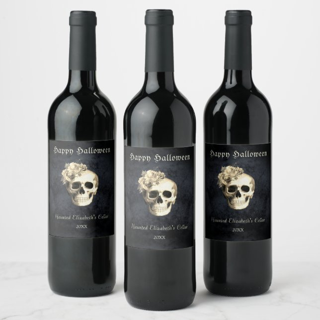 Étiquette Pour Bouteilles De Vin Gothique Halloween Crâne Roses blanches Personnali (Bouteilles)