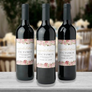 Étiquette Pour Bouteilles De Vin Graduation Florale Rose Noir Et Or Script