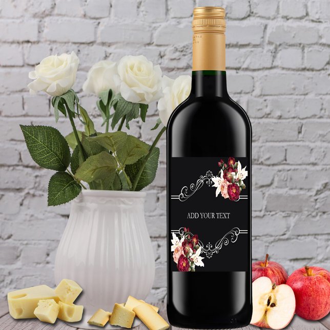 Étiquette Pour Bouteilles De Vin Graduation Jolie Roses Rouges Lys sur Vin Noir (Créateur téléchargé)