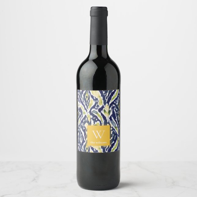 Étiquette Pour Bouteilles De Vin Gras bleu jaune Abstrait Ikat Monogramme (Devant)