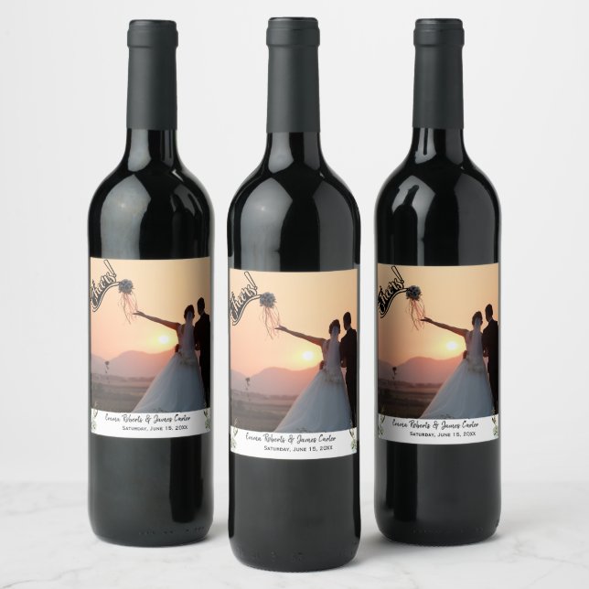 Étiquette Pour Bouteilles De Vin Greenery Elegant Wedding Photo Wine Label (Bouteilles)
