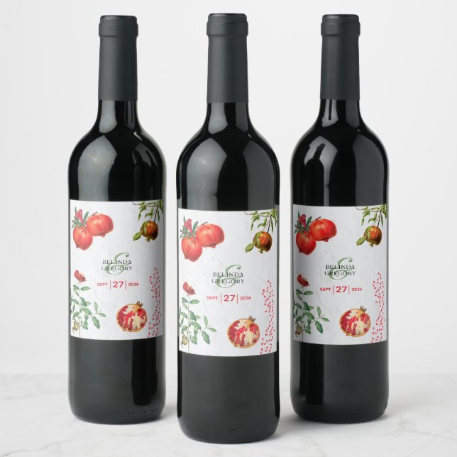 Étiquette Pour Bouteilles De Vin Grenade botanique rouge Mariage Méditerranéen  (Bouteilles)