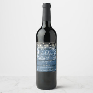 Étiquette Pour Bouteilles De Vin Guirlandes de lumières Floral Bleu Rustique Bois M
