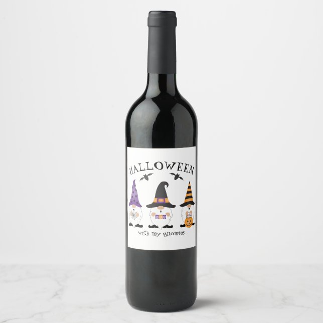 Étiquette Pour Bouteilles De Vin Halloween Avec Mes Gnomes Violet Orange (Devant)